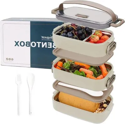 Produktbild von Famanu Bento Box Lunchbox 1700 ML - 3 in 1, Edelstahl, nachhaltige Snackbox, 4 Fächer, mit Löffel, für Erwachsene und Kinder