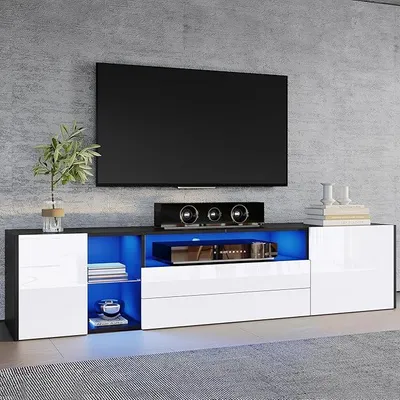 Obrázok produktu pre TV skrinka s LED osvetlením, lesklá TV skrinka s 2 dvierkami a 2 zásuvkami, stojan na televízor vhodný pre televízory do 75 palcov, nízka komoda pod televízor do obývačky, spálne alebo jedálne, 180 cm, čierna a biela