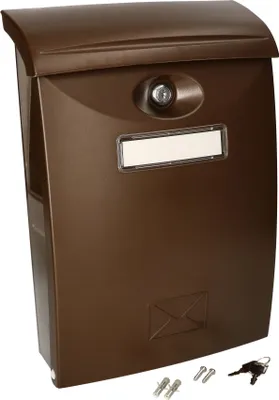 A brown mailbox with a lock and a nameplate is shown against a white background. Two screws and a key are placed in the foreground.