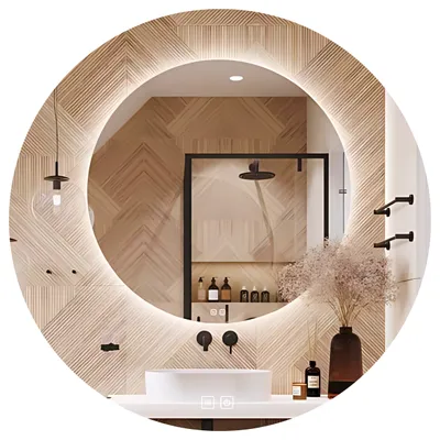 A modern bathroom with a round LED mirror above a sink.