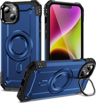 Immagine prodotto di Custodia magnetica per iPhone 14/iPhone 13, robusta custodia protettiva militare con supporto ad anello per fotocamera Blu