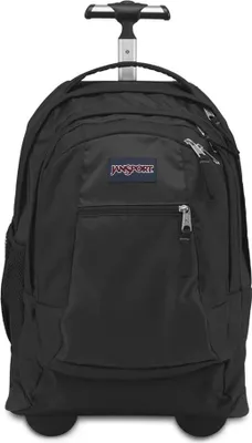 A black rolling backpack with a telescoping handle.