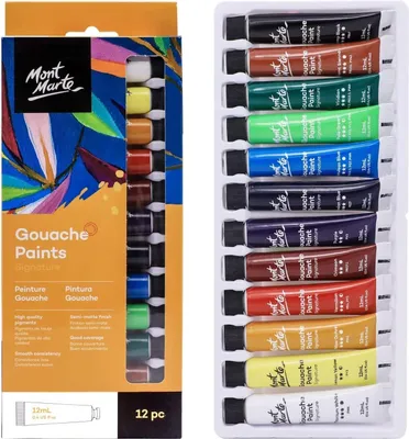 Produktbild von Mont Marte SIGNATURE Gouache Farben Set 12 x 12 ml - Glänzende Deckkraft - Perfekt für Anfänger & Profi - lebendige Farben, samtiges & mattes Finish
