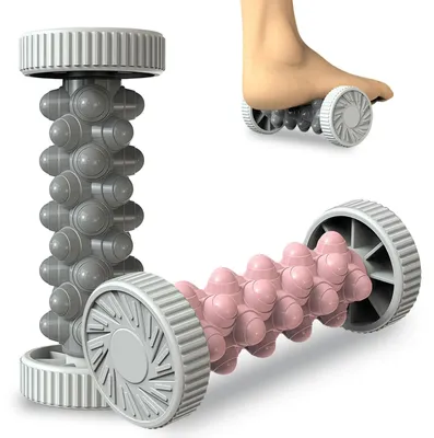 Produktbild von 2 Stk Fußmassageroller für Plantarfasziitis, Faszienrolle Fuß, Tragbarer Fußmassageroller mit Noppen für Hand & Fuss, Fersenschmerzen, Stress Relief & Entspannung - Grau & Rosa