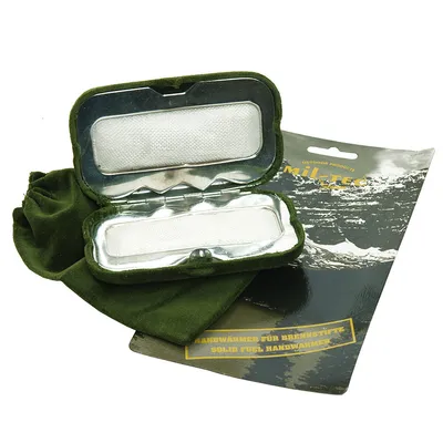 An open hand warmer with a velvet pouch and packaging.