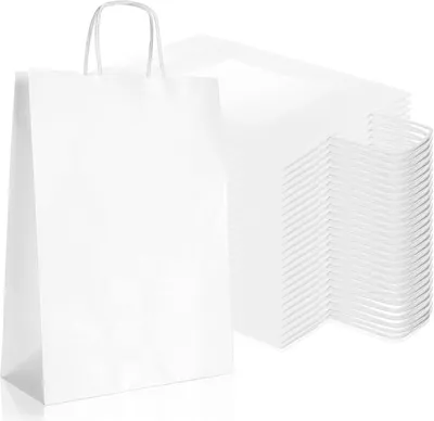 Produktbild von 25x weiße Papiertüten mit Henkel - Kraftpapier Tragetaschen - Geschenkverpackung - Festtüten - 32x23x10cm - 25 Stück