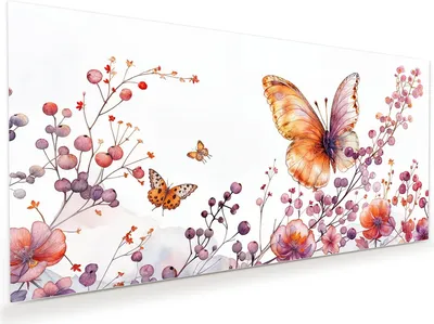 Produktbild von Glasbild 60x30cm in XXL für Wohnzimmer, Schlafzimmer Motiv Blumen und Schmetterlinge