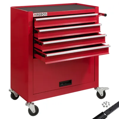 Immagine prodotto di Carrello da officina AREBOS rosso | 4 scomparti + scomparto grande | tappetini antiscivolo e 2 ruote