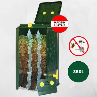 A cutaway view of a green compost bin, showing its internal layers and airflow, with marketing overlays.