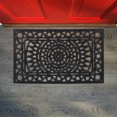 Produktbild von Relaxdays Fußmatte Gummi, 45 x 75 cm, rutschfest, wetterfest, Fußabtreter Ornamente, Indoor & Outdoor, Türmatte, schwarz
