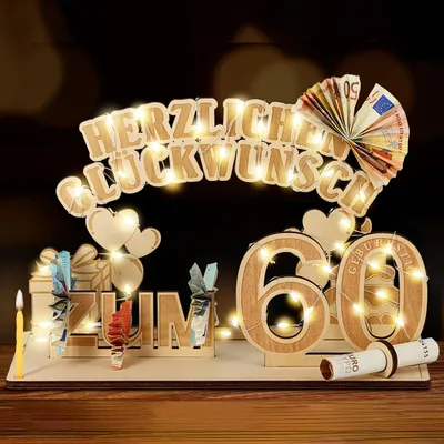 Produktbild von 60. Geburtstag Geldgeschenke Holz mit LED Lichterkette, Geschenke zum 60 Geburtstag Mann Frau, 60. Geburtstag Dekoration