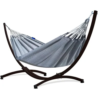 Produktbild von Potenza Outdoor Medelin Hängematte mit Gestell für 2 Personen I 100% Baumwolle Doppelhängematte 220x140, 160kg I Braun Hängemattengestell 220kg, wetterfest