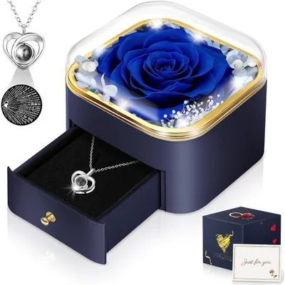 Immagine prodotto di Rosa conservata con ciondolo a forma di cuore con la scritta "Ti amo", set regalo per donne, colore blu opaco
