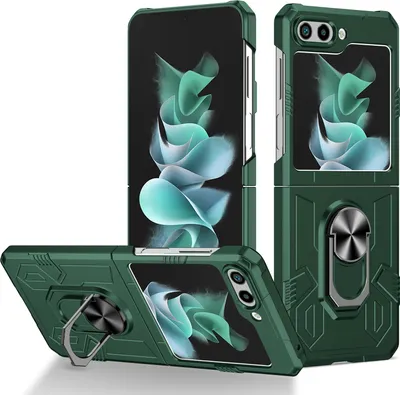 Produktbild von Galaxy Z Flip5 Hülle, Robust Harter PC Stoßfest Ringhalter Ständer Schutzhülle für Samsung Galaxy Z Flip 5 Grün
