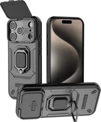 Image de Étui pour iPhone 17 Pro étui double couche avec protection coulissante de l'appareil photo et support d'anneau, stand noir