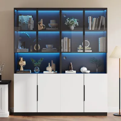 Zdjęcie produktu dla Szafka witryna z oświetleniem LED, 2 drzwi szklane, kolor biały/czarny, wymiary: 160x30x200 cm