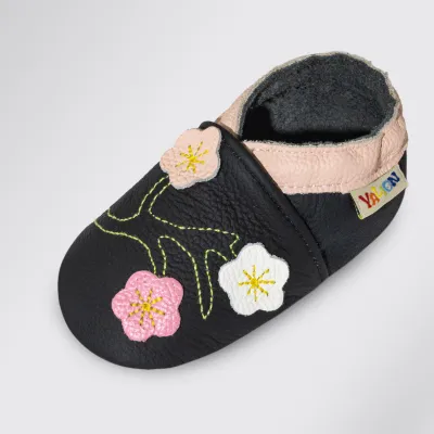 Produktbild von YALION Lauflernschuh Leder Blütenmuster Schwarz Blume Krabbelschuh 18/19EU