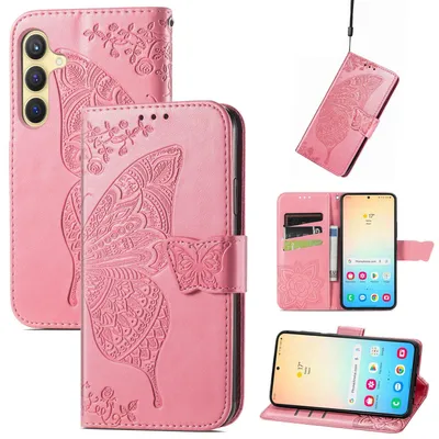 Image de Étui portefeuille en similicuir pour Samsung Galaxy S25 Plus 5G, motif papillon, rose