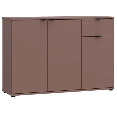 A studio shot of a brown sideboard with three doors and one drawer.