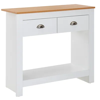 Produktbild von WOHNLING Konsolentisch 85x35x76 cm Weiß / Eiche Design Anrichte Modern Schmal Ablagetisch Flur mit Schubladen & Stauraum Flurtisch Hoch