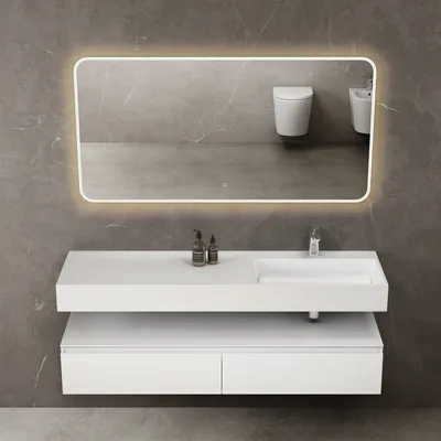 Produktbild von doporro Badmöbelset Waschbecken-Unterschrank mit Mineralguss-Waschbecken, 150x48x25cm, matt weiß, UP, feuchtigkeitsbeständig, einfache Montage, Soft-Close, 2 Auszüge, Holz E1