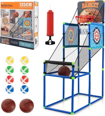Produktbild von GOPLUS 2 in 1 Basketballspiel Set, Arcade Basketball Spiel mit Punktezähler, 2 Basketbälle, 1 Pumpe, 2 Zielscheiben, 8 Klettbälle, Basketballautomat für Kinder ab 3 Jahren, Drinnen & draußen