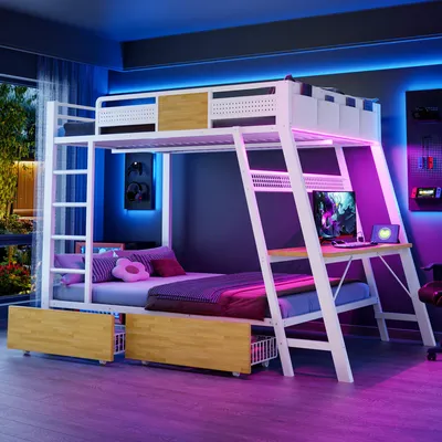 Productafbeelding van Flieks stapelbed 140x200 cm met ladder en bureau, metalen bed met USB-aansluitingen en opbergmanden, met LED-verlichting en stopcontact, wit, metaal