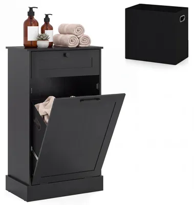 Produktbild von COSTWAY Wäscheschrank mit 39L Wäschekorb, Badezimmerschrank schmal mit Schublade, 2 Kippschutzvorrichtungen & Fußpolster, Wäschesammler, 52x33x90 cm