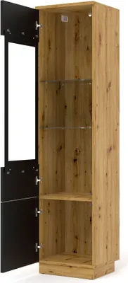 A tall, narrow cabinet with an open door, revealing glass shelves and a wood-grain interior.