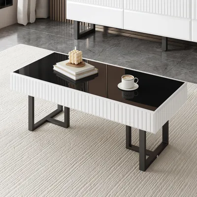 Produktbild von Moderner klassischer Couchtisch in Schwarz-Weiß,Sofatisch, Couchtisch,Wohnzimmertisch, hochglänzende schwarze Tischplatte,110 L x 50.5 B x 41 H(cm)