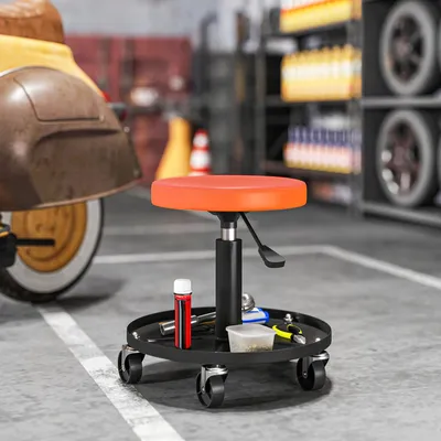 Produktbild von Werkstatthocker mit Rollen, höhenverstellbar, Montagesessel Pneumatik, Orange | 38–50 cm | bis 135 kg | Stahlrahmen