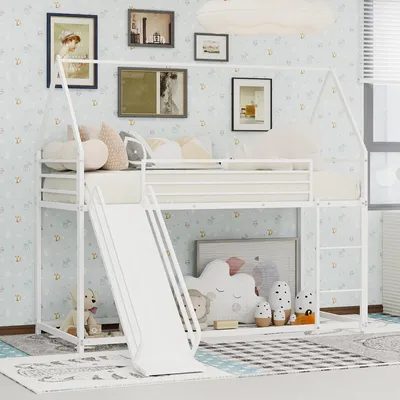 Produktbild von Etagenbett 90 x 190 cm mit Rutsche und Treppe, Kinderbett im Hausdesign mit Metallrahmen und hohem Geländer, platzsparend
