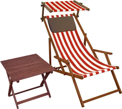 Produktbild von Liegestuhl rot-weiß Gartenstuhl Tisch Sonnendach Kissen Deckchair Buche Strandstuhl 10-314 S T KD
