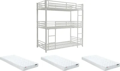 Produktbild von Dreifach-Etagenbett 3 x 90 x 190 cm - Metall - Weiß + Matratze - ELOUAN III