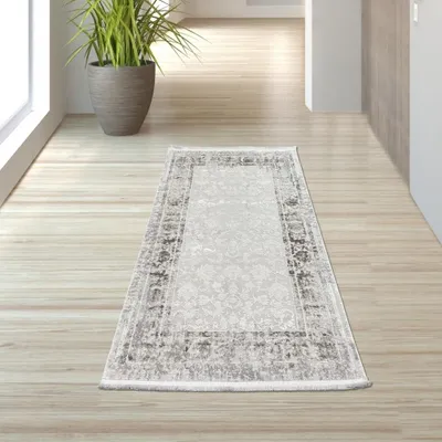 Produktbild von Wollteppich Orintalisches Design Grau Vintage glänzend edel für Wohnzimmer Schlafzimmer Größe - 80 x 150 cm