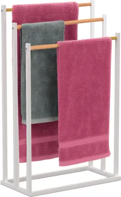 Produktbild von Relaxdays Handtuchständer, HxBxT: 76 x 45 x 21,5 cm, Metall, Bambus, 3 Stangen, Handtuchhalter stehend, Bad, weiß/natur