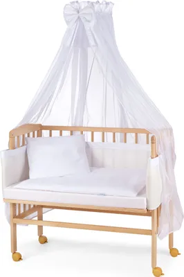 A baby bedside crib with a canopy and bedding.