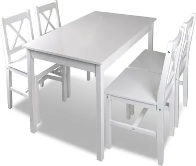 A white dining table with four chairs, presented on a white background.