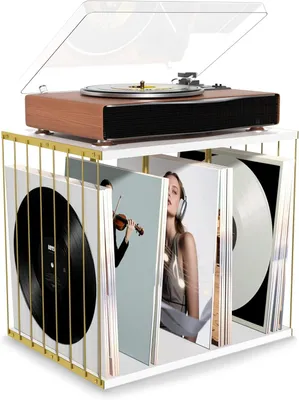 Produktbild von Schallplattenregal 3 Fächer, 100 Platten, weiß Holz und Metall, für Wohnzimmer
