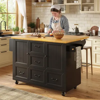 Immagine prodotto di Isola da cucina con rotelle e piano di lavoro pieghevole, carrello da cucina con 5 cassetti, portasciugamani e portaspezie, credenza 120 cm, bianco/nero