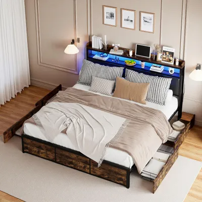 Obrázok produktu pre Manželská posteľ 180x200 cm s kovovým rámom, matným čiernym čelom zPolyuretáns motívom tigra a integrovaným LED osvetlením