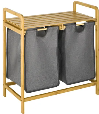 Image de Panier à linge en bambou - Avec 2 sacs amovibles - 63,5 x 33 x 73 cm - Avec poignées - Non tissé - Naturel