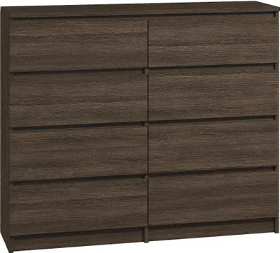 A front view of a dark brown, eight-drawer dresser with a wood grain texture.