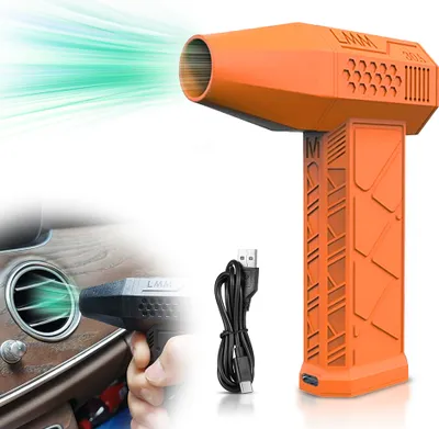 A collage showing an orange electric air duster and a black one being used to clean a car vent, along with a USB cable.