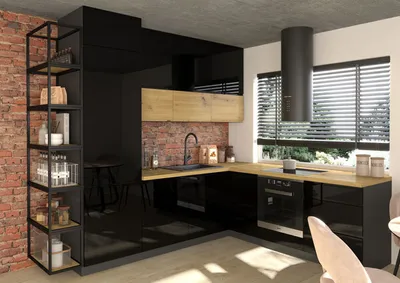 Image de Kitchenette en L FLORENCE, plan de travail 248 x 245 cm, couleur lave - chêne noir artisan, tiroir à sortie totale REJS