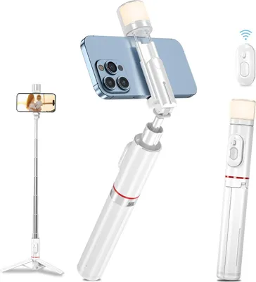 Produktbild von Bluetooth Selfie Stick Stativ mit Licht Füllen, 3in1 Erweiterbar Selfie Stange aus Aluminium mit Abnehmbares Drahtlose Fernbedienung, für iPhone 15/13/12/11 Pro/XS Max/XS/X/8 Samsung (Weiß)