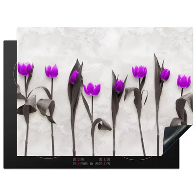 Produktbild von KitchenYeah© Herdabdeckplatte Blumen - Tulpen - Lila , 70x52cm, Küche Deko, Glaskeramikkochfeld Herdabdeckung, Abdeckplatte fùr Kochfeld