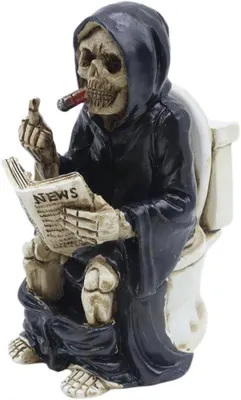 Produktbild von Skelettfiguren, Grim Reaper, Figur mit erhobenem Mittelfinger, Toiletten-Motiv, Totenkopf-Statue, Halloween-Dekoration, lustige Skelettfiguren aus Harz, geeignet für den Hausgebrauch, als Dekoration für den Schreibtisch oder als Geschenk