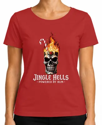 Produktbild von Jingle Hells Powered by Rum Totenkopf Flammen Weihnachten Skull Damen T-Shirt, Rot, L