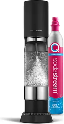 A SodaStream sparkling water maker and a CO2 cylinder are shown against a white background.